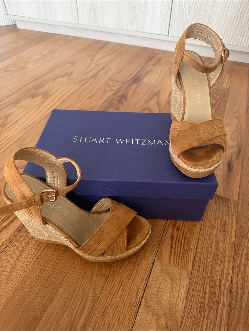 Stuart Weitzman Tan Suede Espadrille Wedge Sandals